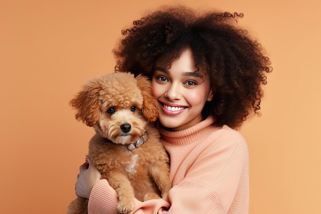 Companion Love AfricanAmerican Woman Cuddles with Her Adorable Dog Expressing Friendship