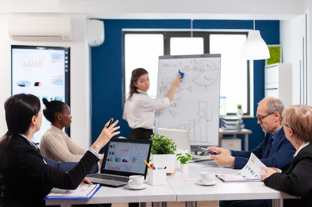 Company advisor making presentation using charts to staff