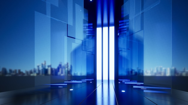 Company background blue glass panels along the extended corridor 3D illustration