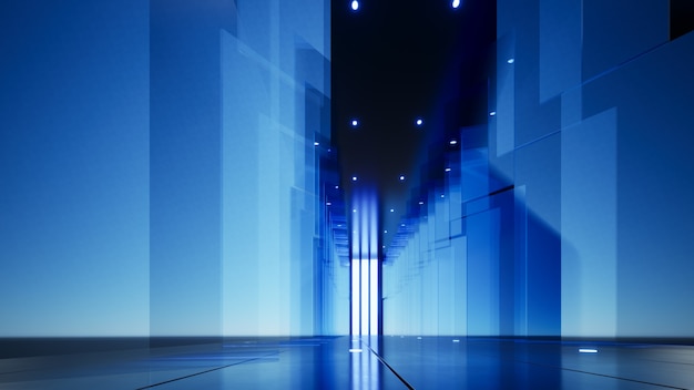 Company background blue glass panels along the extended corridor 3D illustration