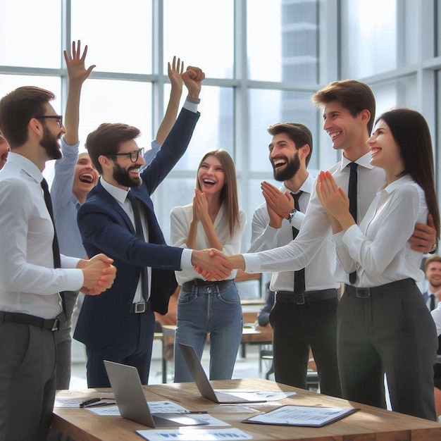 A company of colleagues shake their hands after a successfully won job