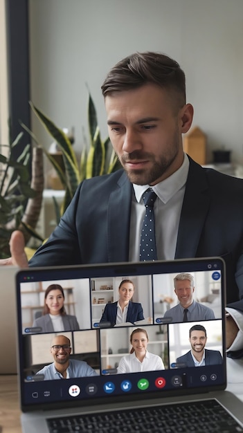 Photo company employee talking to colleagues on videocall conference using remote teleconference for com