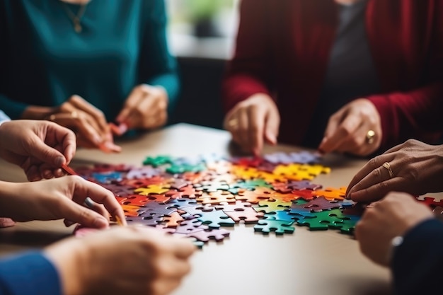 Company employees playing game and joining pieces of jigsaw puzzle during team building activity