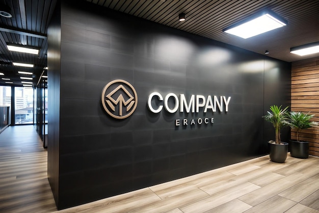 a company logo is displayed on a wall in a lobby