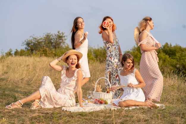 Photo the company of stylish happy female friends having fun on outdoor retro style picnic party.