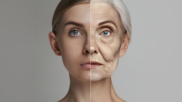 Photo comparative portrait of woman with smooth young face and aging wrinkled skin isolate generative ai