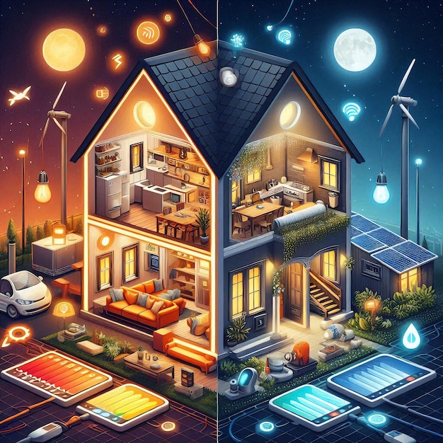 A comparison of energy consumption habits showcasing a wasteful home and energysaving practices