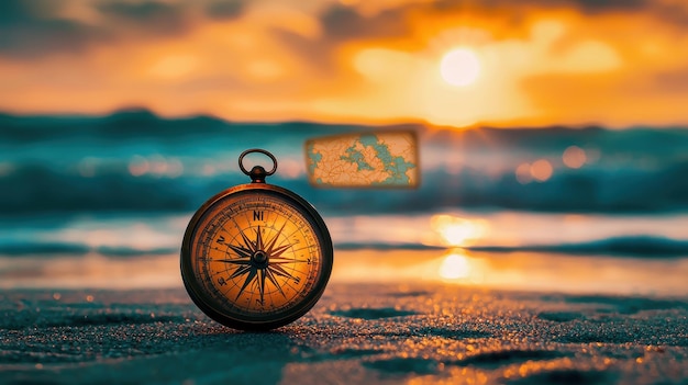 Photo compass on beach at sunset with map