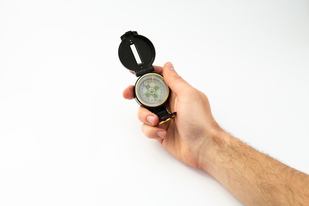 Compass in hand on a white background