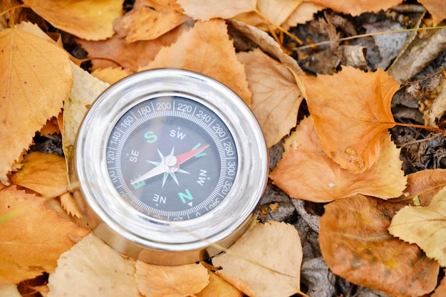 Compass lying in yellow autumn foliageConcept recreation travel and tourism