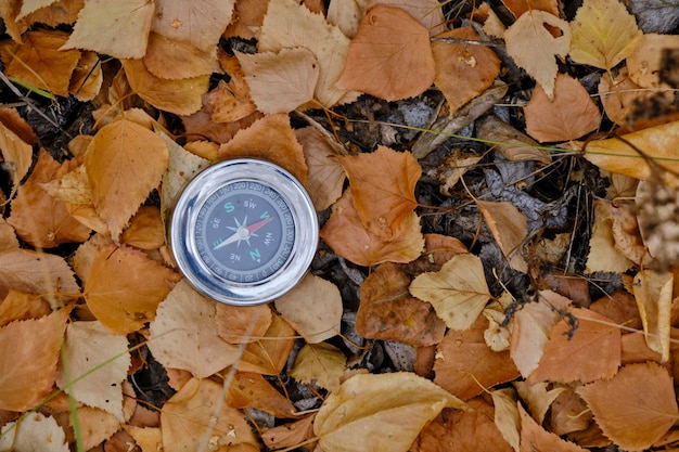 Compass lying in yellow autumn foliageConcept recreation travel and tourism