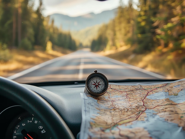 Photo compass and map on dashboard of car driving on scenic road