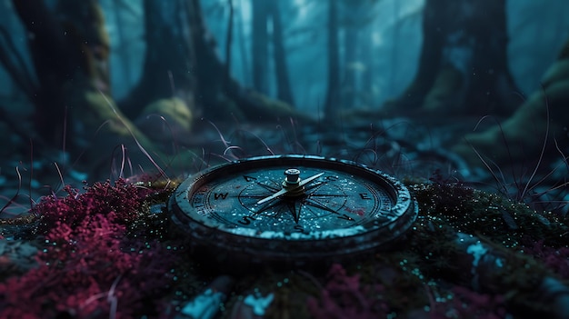 Photo compass in a mysterious forest