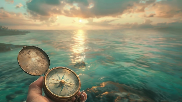 Photo compass and ocean sunset