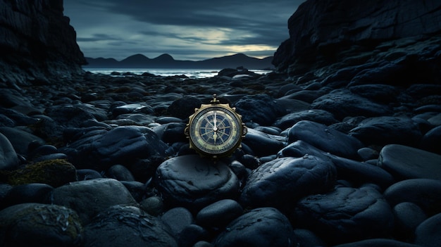 Compass on rocks with a dark sky