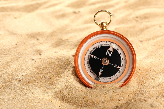 Compass on sand closeup