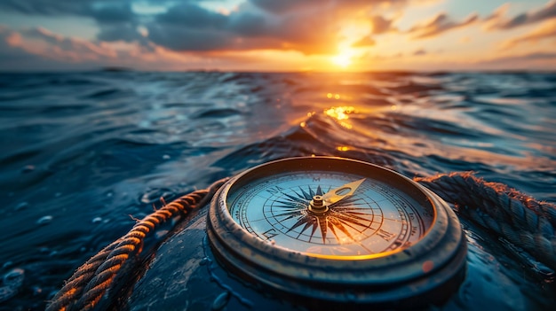 Photo compass on a ship with the sun setting behind it