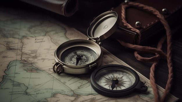 A compass sits on a map with a leather bag in the background.