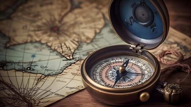 A compass sits on a map of the world.