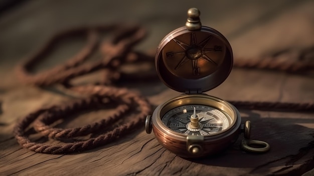 A compass sits on a table with a rope in the background.