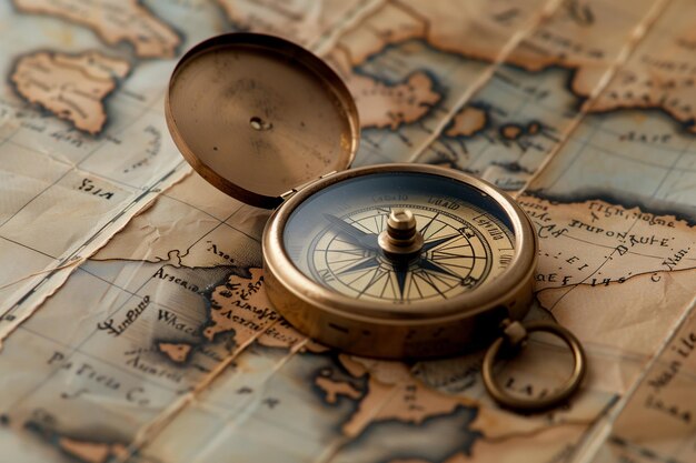 a compass sits on top of a map of the world