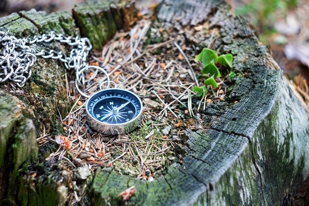 Compass on a stump in the forest close up