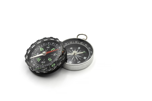 Compass with a black dial isolate on a white background Traditional navigation device indicating the cardinal points