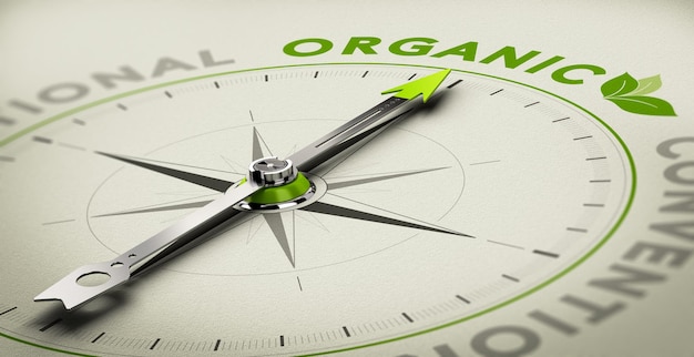 Compass with needle pointing the word organic. Green and grey tones over beige background, Conceptual illustration for healthy eating and organic farming.