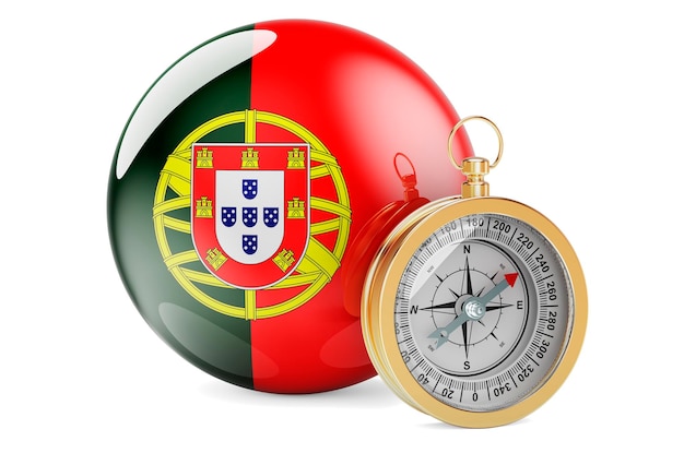 Compass with Portuguese flag Travel and tourism in Portugal concept 3D rendering