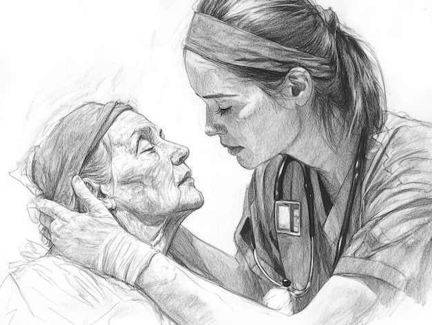 Photo compassionate care nurse comforting elderly woman in emotional sketch scene