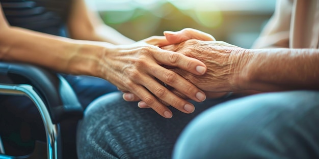 Photo compassionate caregiver comforting elderly person in wheelchair