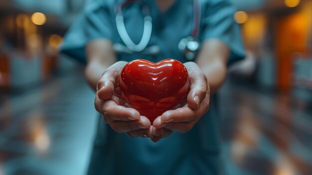 A compassionate doctor holds a red heart in their hands symbolizing healthcare cardiology and