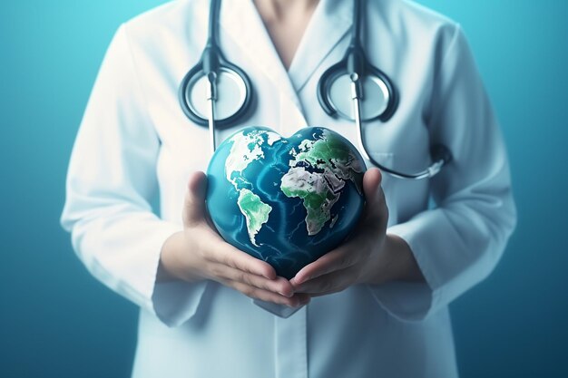 A compassionate doctor in medical attire holds the globe