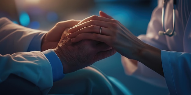 Photo compassionate healthcare professional comforting elderly patient with gentle touch in hospital setting