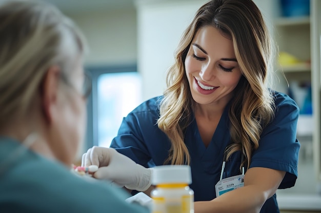 Photo compassionate nurse administering medication to patient in clean and bright hospital roomproviding caring healthcare services