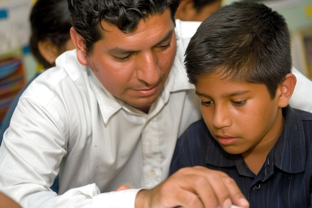 Compassionate teacher helping focused student with schoolwork