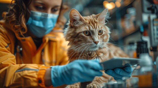 Photo compassionate veterinarians in clinic caring for a ginger cat showcasing expertise and animal healthcare