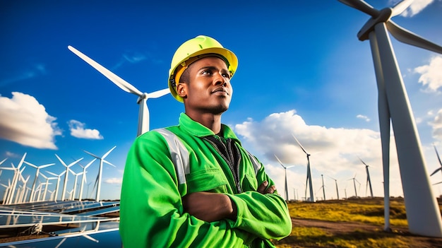 A compelling image of a dedicated worker standing before a renewable energy facility symbolizing progress