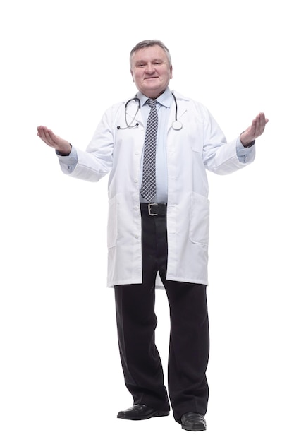 Competent doctor in a white coat isolated on a white