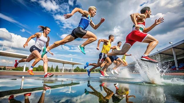 competition athletes running steeplechase