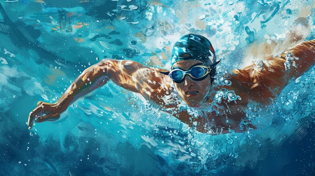 Competitive Swimmer in Action MidRace Strength and Speed in Vibrant Pool Scene