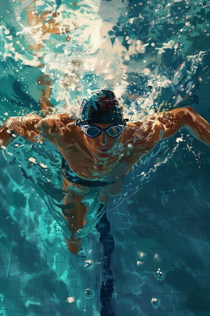 Competitive Swimmer in Action MidRace Strength and Speed in Vibrant Pool Scene