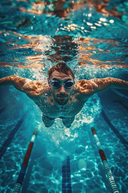 Competitive Swimmer in Action MidRace Strength and Speed in Vibrant Pool Scene