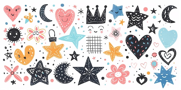 Photo a compilation of vibrant handdrawn charcoal sketches and scribbles in a playful feminine design featuring pencil illustrations of symbols like tiaras stars blossoms and grids on a white background