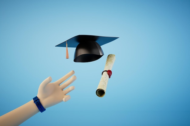 Completed higher education the hand reaches for the diploma and the master's cap 3D render