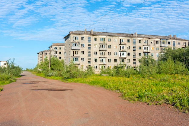 Completely empty houses left by people in the ghost town of Sovetsky, Vorkuta, Russia.