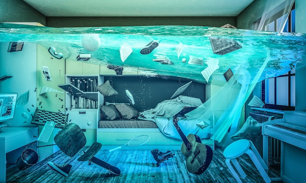 Completely flooded children's room 3d