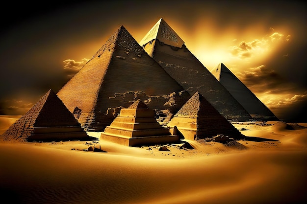 Complex of ancient architectural structures made of Egyptian pyramids among sands