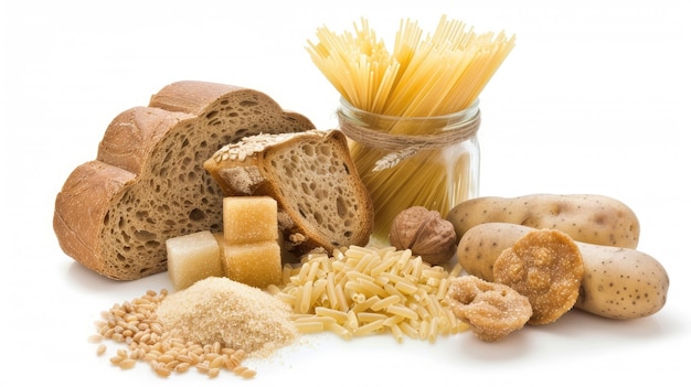 Photo complex carbs such as whole grain bread pasta and potatoes alongside granola neatly arranged on a white background with a piece of rye toast leaning against them