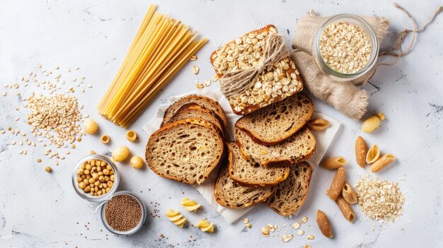 Photo complex carbs such as whole grain bread pasta and potatoes alongside granola neatly arranged on a white background with a piece of rye toast leaning against them